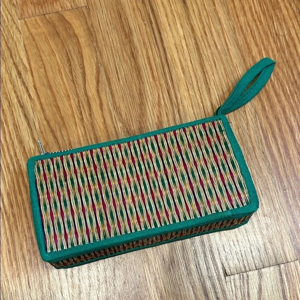 vintage mayan Woven wicker Clutch and Wallet Set Pink Trim purple green bundle